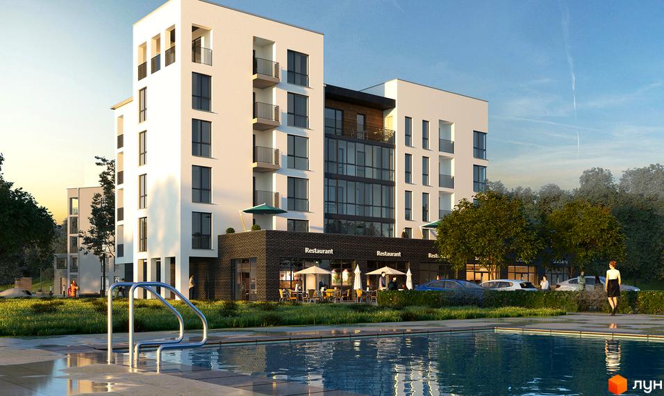 Житловий комплекс Сонячний квартал: біла багатоповерхова будівля з балконами та панорамними вікнами, поруч басейн та зелена зона з деревами. Зовнішній вигляд будинку та прибудинкова територія.