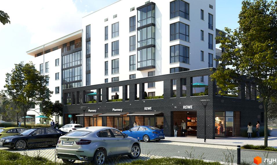 Зовнішній вигляд новобудови ЖК Сонячний квартал з магазинами Pharmacy та REWE на першому поверсі. Прибудинкова територія з автомобілями та деревами.