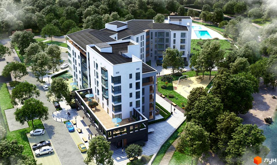 Житловий комплекс Сонячний квартал. Зовнішній вигляд будівель та прибудинкова територія з басейном та дитячим майданчиком.