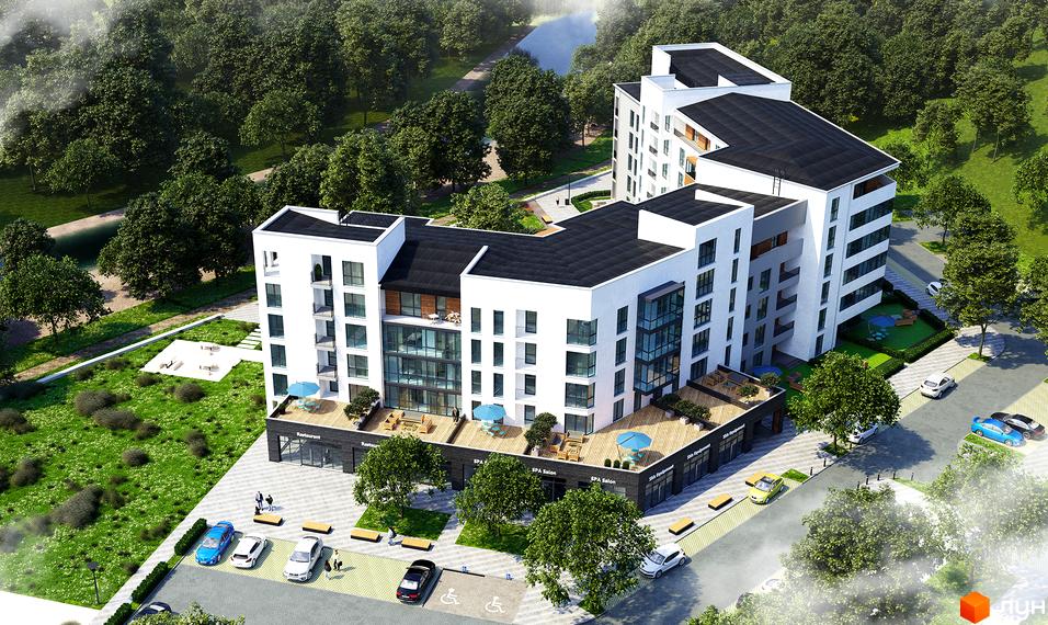 Житловий комплекс Сонячний квартал. Сучасна архітектура білої новобудови з чорним дахом та прибудинковою територією з деревами та парковкою.