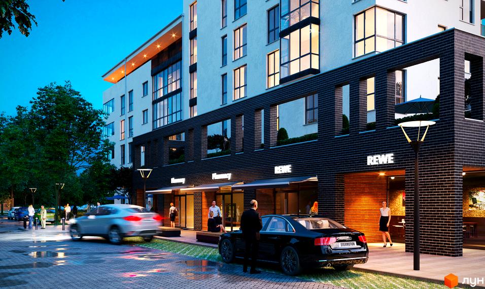 Житловий комплекс Сонячний квартал. Фасад новобудови з великими вікнами та цегляною обробкою. Прибудинкова територія з освітленням та автомобілями.