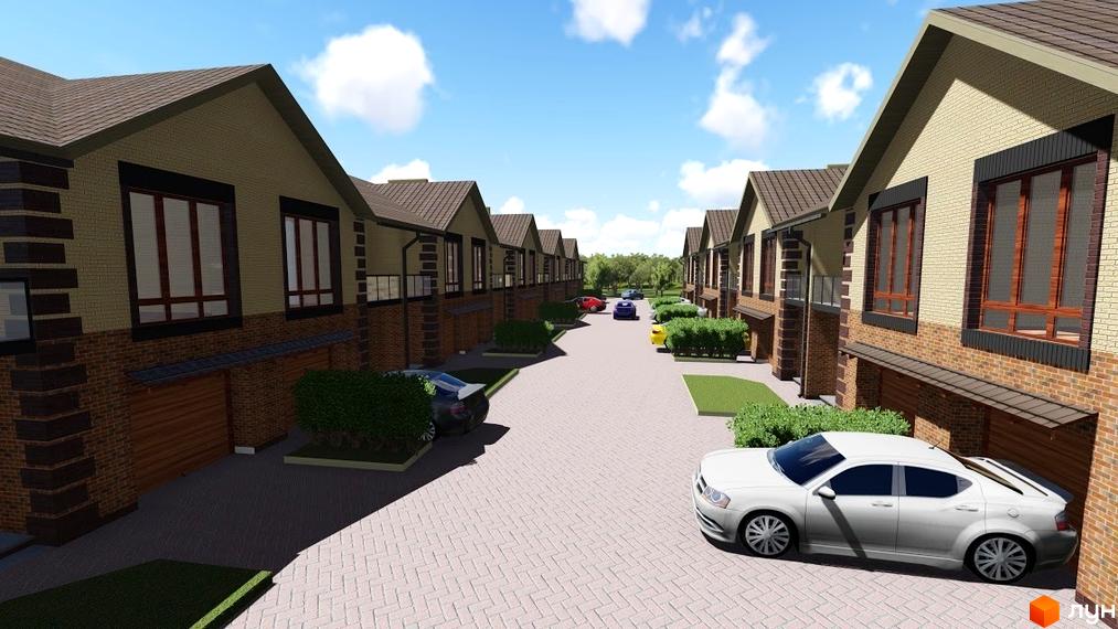 Зовнішній вигляд таунхаусів Green Villa з цегляним фасадом та гаражами. Прибудинкова територія з бруківкою та зеленими насадженнями.