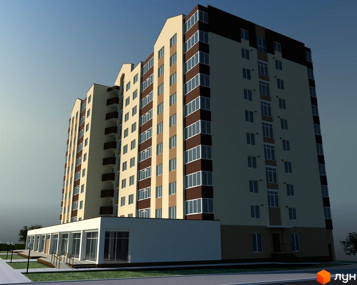 Житловий комплекс Острів - багатоповерховий будинок з світло-бежевими та коричневими фасадами, великою кількістю вікон. Навколо будинку зелена територія та тротуар.