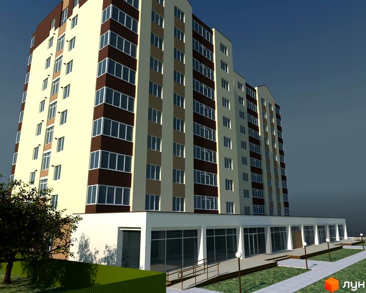 Житловий комплекс Острів: багатоповерхова новобудова з світлими фасадами та коричневими елементами, великими вікнами. Прибудинкова територія з доріжками, зеленими насадженнями та освітленням.