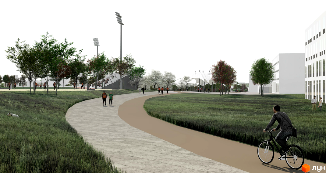 Житловий комплекс Vilne: сучасний житловий комплекс з парком та зонами відпочинку. На зображенні видно зелену територію, доріжки для прогулянок та велосипедних поїздок, а також людей, що насолоджуються відпочинком на свіжому повітрі.