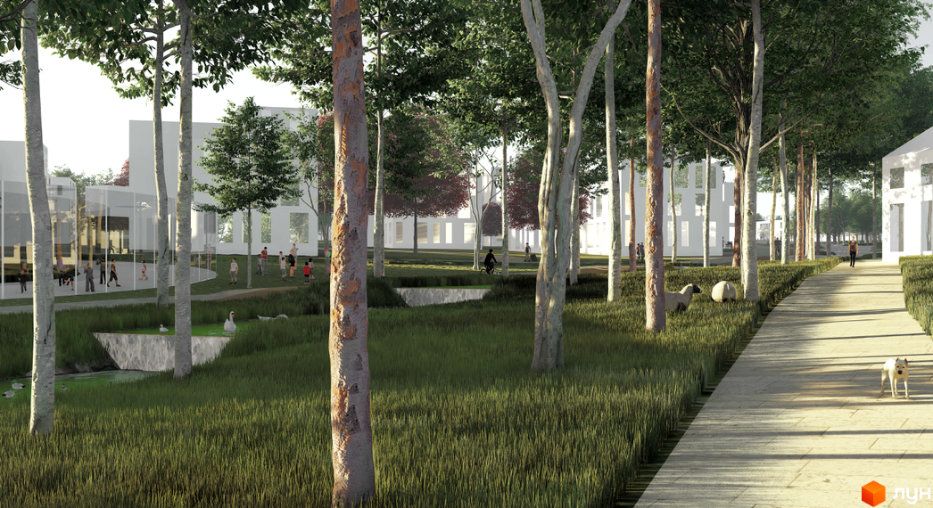 Житловий комплекс Vilne: зелена територія з деревами, водою та тваринами. Сучасна архітектура будівель, що гармонійно вписується в ландшафт.