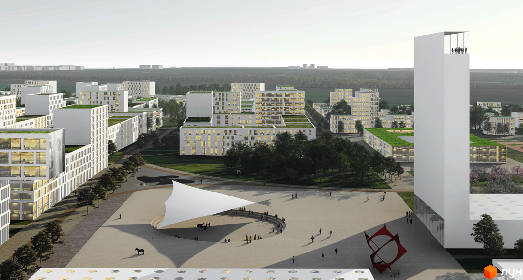 Сучасний житловий комплекс Vilne з білими фасадами та зеленими дахами. На прибудинковій території розташована площа з навісом та скульптурою.