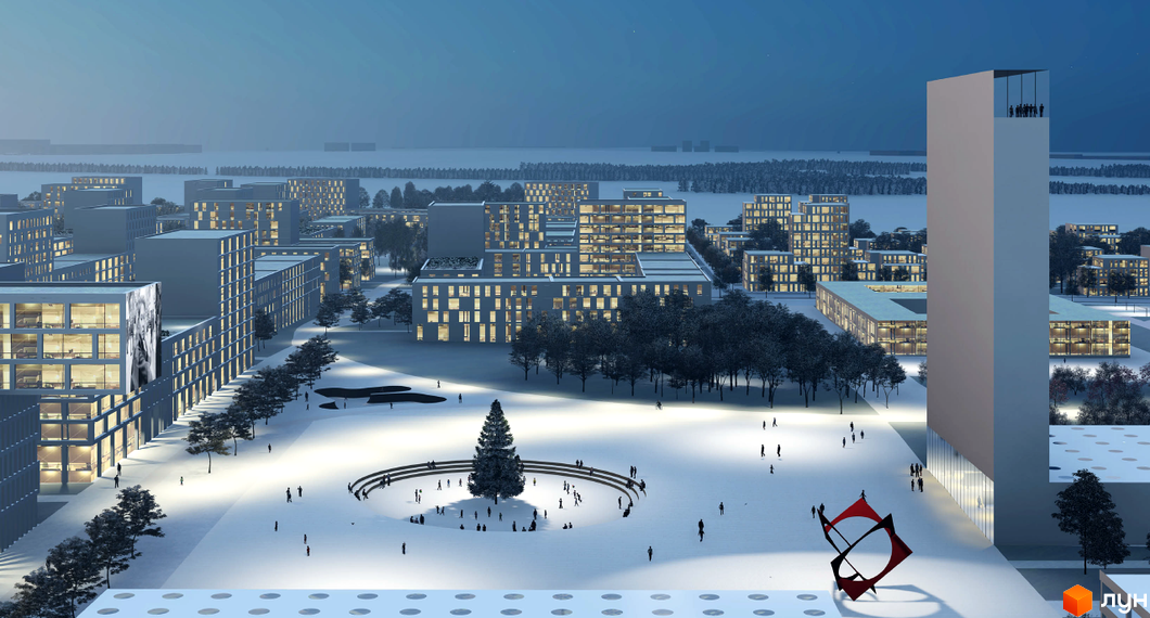 Житловий комплекс Vilne у зимовий час. Сучасна архітектура будівель, освітлена площа з ялинкою та людьми, висока вежа з оглядовим майданчиком.