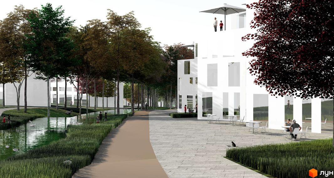 Житловий комплекс Vilne з білими фасадами та великими вікнами. Навколо комплексу зелена зона з річкою та деревами, місця для відпочинку.