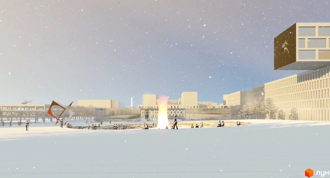 Комплекс ЖК Vilne у зимовий період з людьми на території. Навколо будівлі розташована відкрита місцевість, де люди відпочивають біля багаття та запускають повітряного змія.