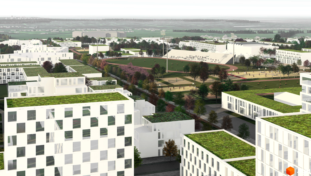 Житловий комплекс Vilne з білими фасадами та зеленими дахами. Навколо комплексу розташовані спортивні майданчики та зелені зони.