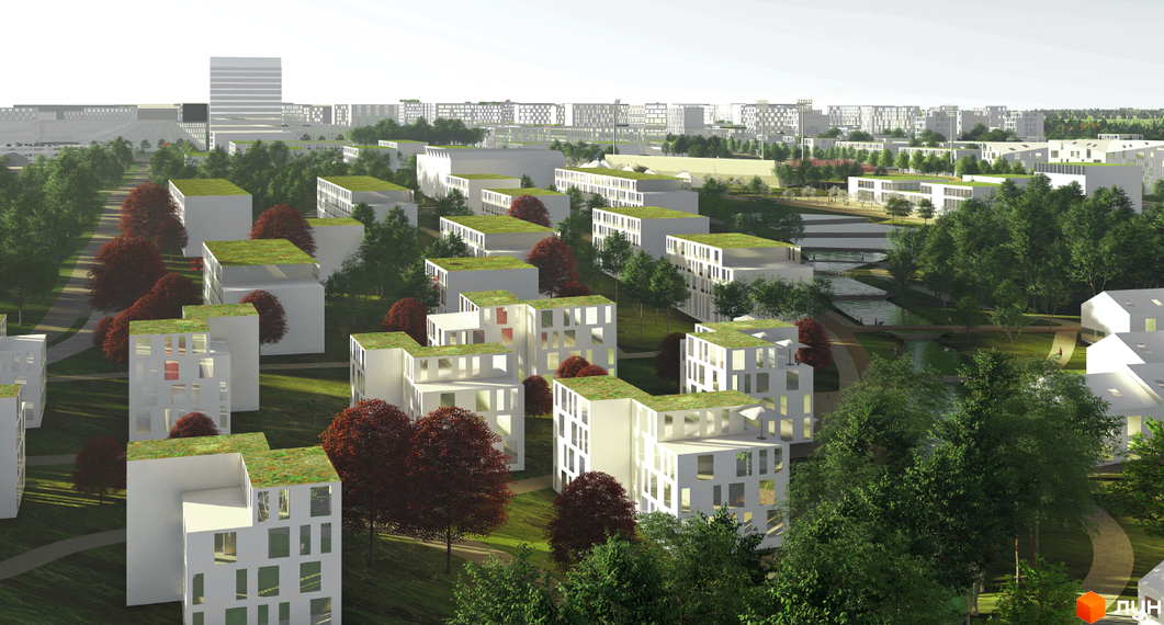 Житловий комплекс Vilne: сучасні білі будинки з зеленими дахами, розташовані серед дерев та біля річки. Загальний вигляд новобудови з прибудинковою територією.