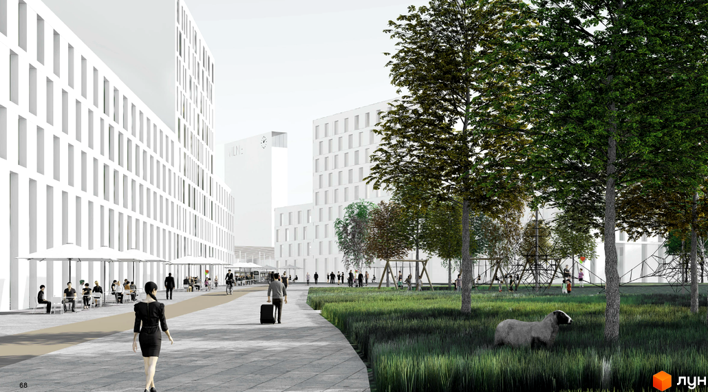 Житловий комплекс Vilne: білі фасади будівель, тераси з парасолями та зелена зона відпочинку з дитячим майданчиком. Зовнішній вигляд новобудови та прибудинкова територія.