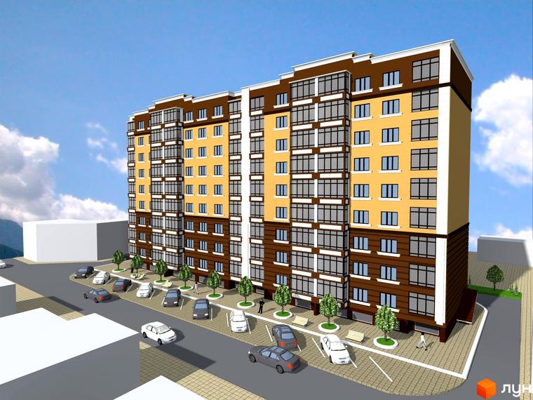 Зовнішній вигляд багатоповерхового житлового комплексу з жовтими та коричневими фасадами. Прибудинкова територія з парковкою та зеленими насадженнями.