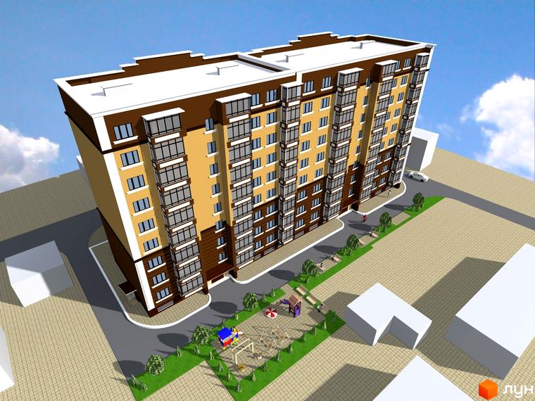 Зовнішній вигляд багатоповерхового будинку з коричневими та бежевими фасадами, балконами та білим дахом. Прибудинкова територія з дитячим майданчиком, зеленими насадженнями та лавками.