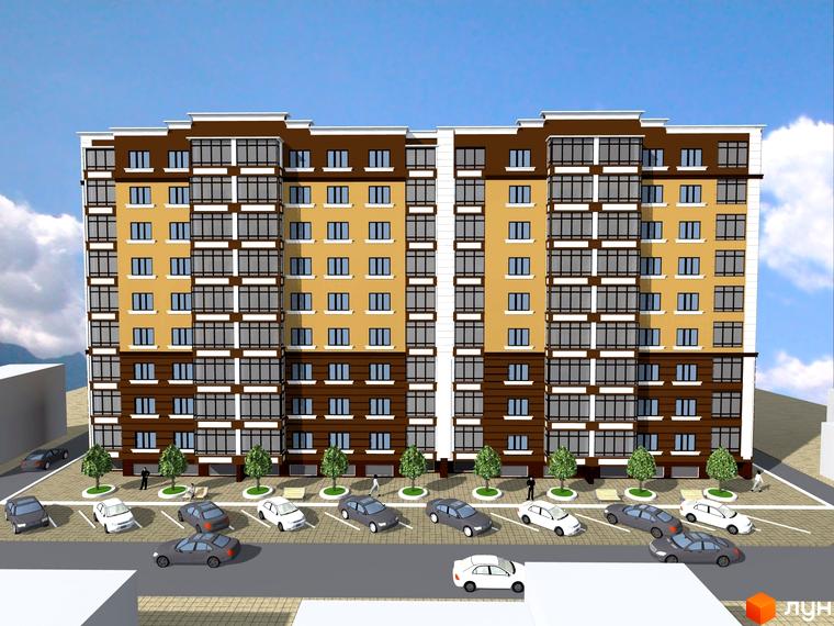 Зовнішній вигляд багатоповерхового житлового комплексу з коричневими та бежевими фасадами, великою кількістю вікон та балконів. На прибудинковій території розташовані дерева та припарковані автомобілі.