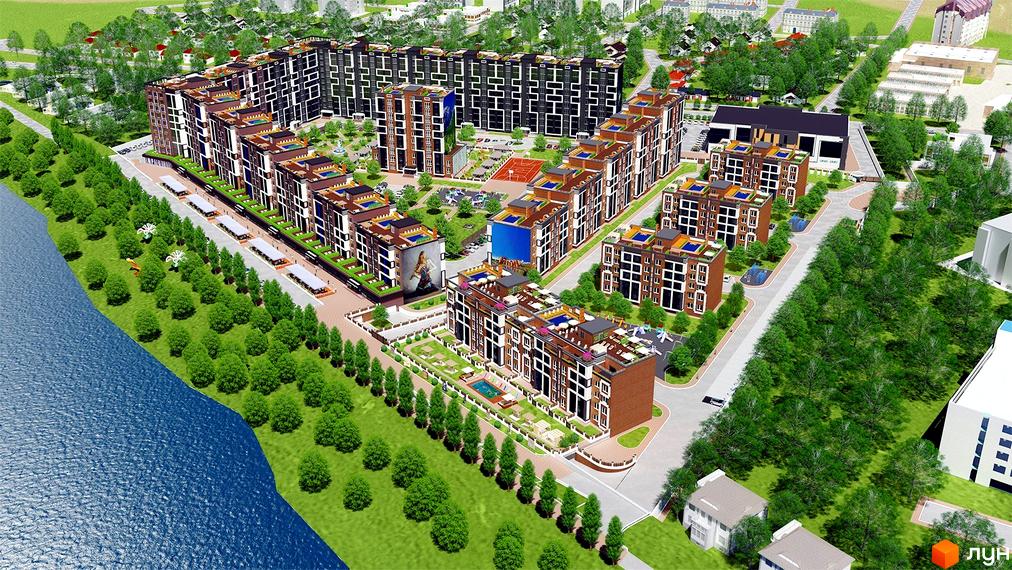 Житловий комплекс Дніпровська Рів'єра. Сучасна архітектура будівель з панорамними вікнами та терасами, зелена прибудинкова територія з зонами відпочинку та дитячими майданчиками.