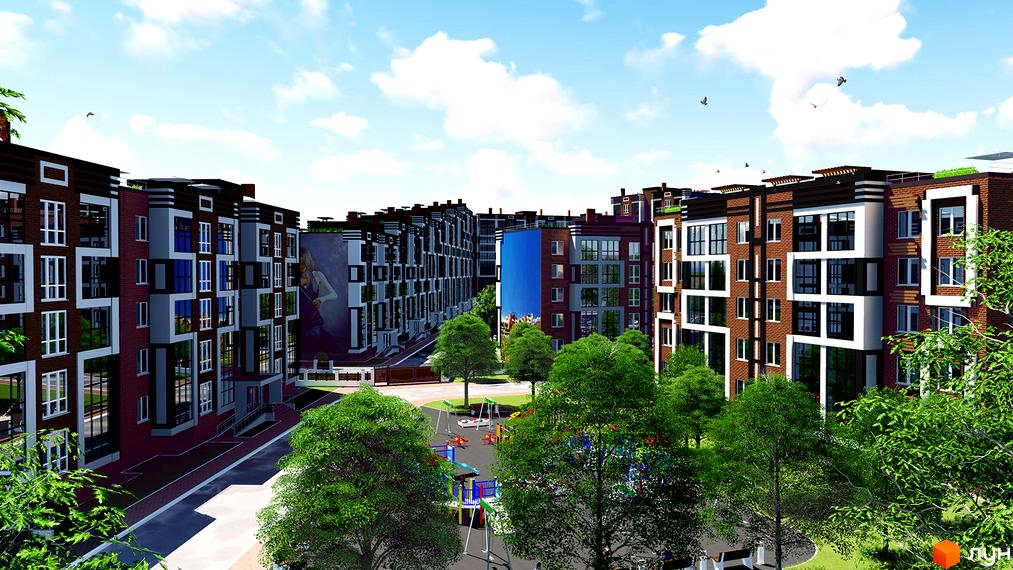 Зовнішній вигляд житлового комплексу Дніпровська Рів'єра з цегляними фасадами та великими вікнами. На прибудинковій території розташований дитячий майданчик та зелені насадження.