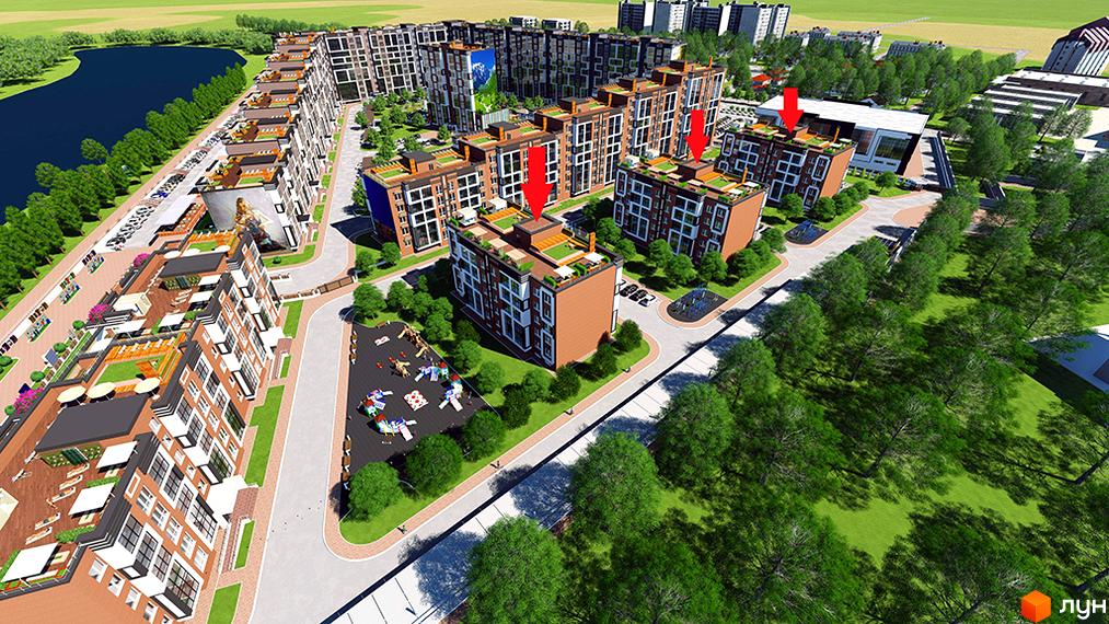 Житловий комплекс Дніпровська Рів'єра: вид з висоти пташиного польоту на багатоповерхові будинки з цегляним фасадом та зелену прибудинкову територію з дитячим майданчиком.
