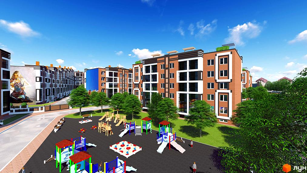 Житловий комплекс Дніпровська Рів'єра: фасади будинків з цегляним оздобленням та великими вікнами. На території дитячий майданчик з різнокольоровими гірками та гойдалками.