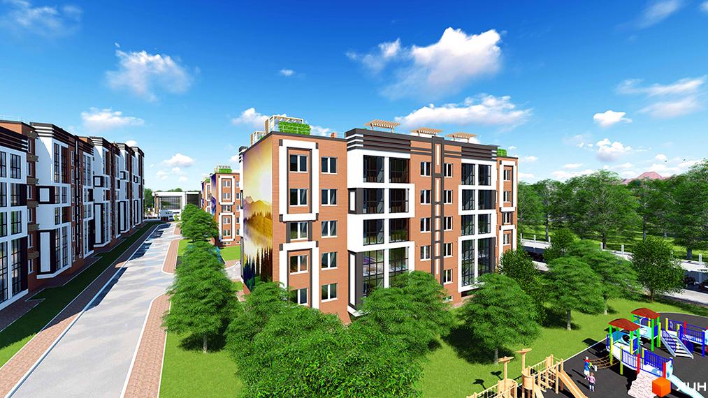 Житловий комплекс Дніпровська Рів'єра: фасади будинків з цегляним оздобленням та великими вікнами, прибудинкова територія з дитячим майданчиком та зеленими насадженнями.