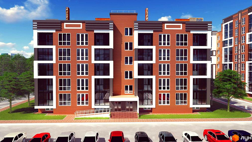 Зовнішній вигляд новобудови ЖК Дніпровська Рів'єра з цегляним фасадом та великими вікнами. Прибудинкова територія з деревами та парковкою.