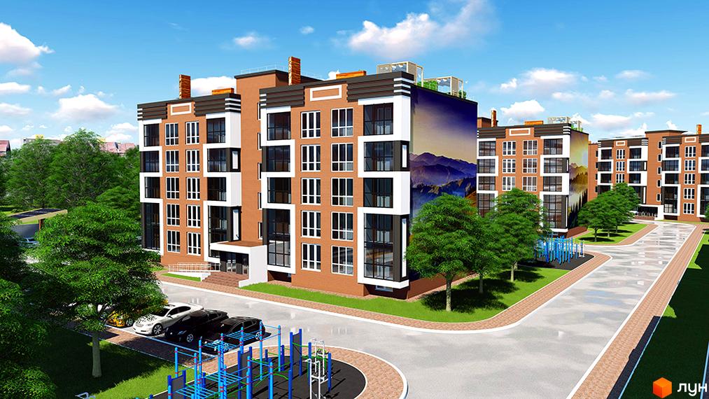 Житловий комплекс Дніпровська Рів'єра з цегляними фасадами та гірським муралом. Навколо зелені дерева, дитячий майданчик та паркінг.