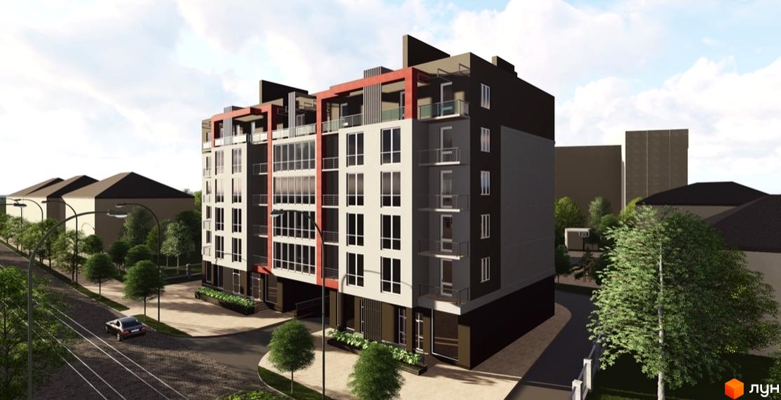 Зовнішній вигляд житлового комплексу Краківський з балконами та великими вікнами. Навколо комплексу розташовані дерева та вулиця з автомобілем.