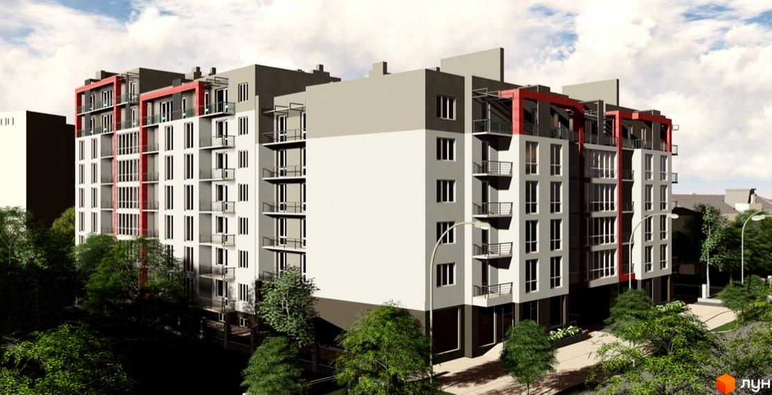 Житловий комплекс Краківський – це багатоповерхова новобудова з біло-сірим фасадом та червоними елементами. Навколо будівлі розташовані зелені насадження та доріжки.