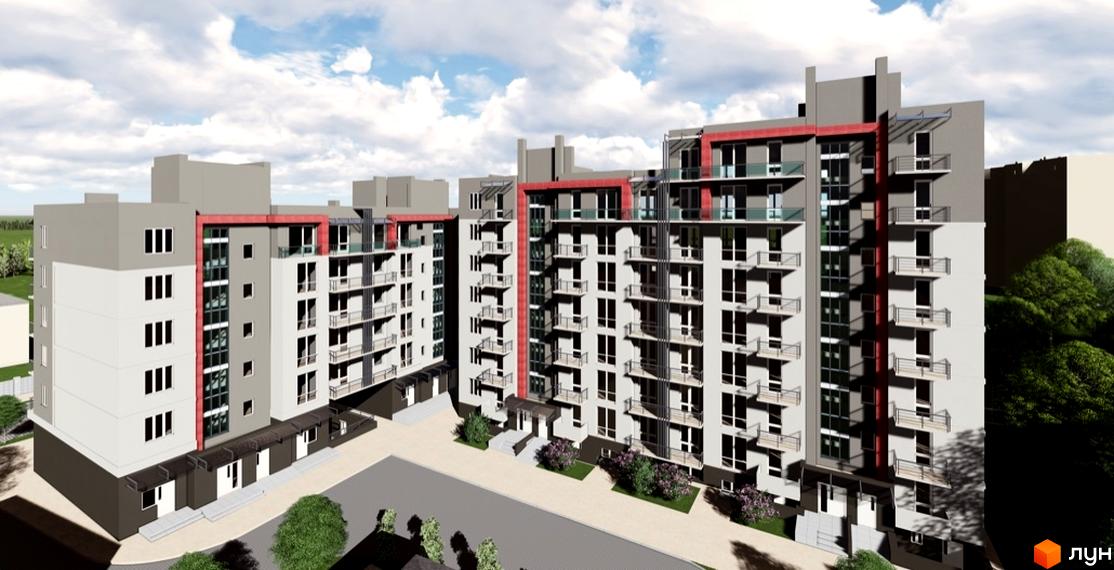 Зовнішній вигляд ЖК Краківський: багатоповерхові будинки з балконами та червоними елементами фасаду. Прибудинкова територія з деревами та кущами.