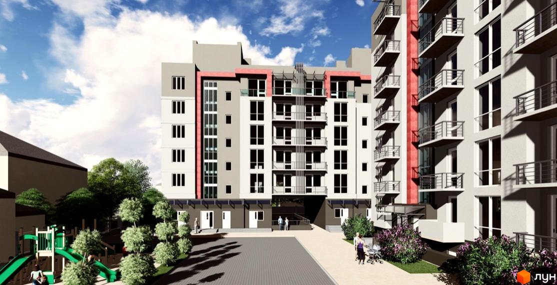 Зовнішній вигляд житлового комплексу Краківський з балконами та вікнами. На прибудинковій території розташований дитячий майданчик та зелені насадження.