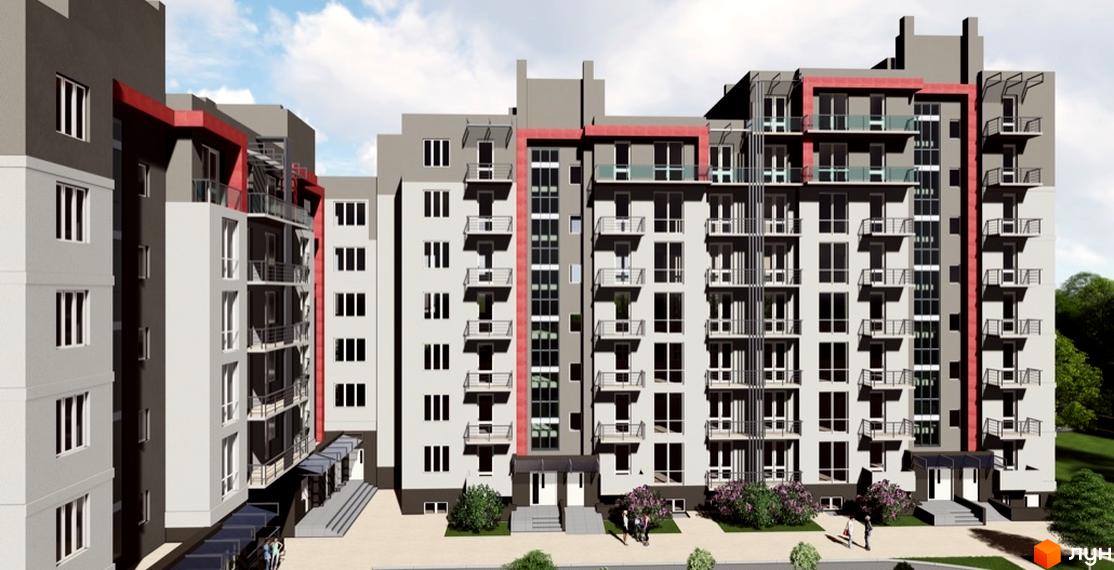 Зовнішній вигляд новобудови ЖК Краківський: багатоповерхові будинки з балконами та великими вікнами. Навколо будинку облаштована прибудинкова територія з деревами та людьми.