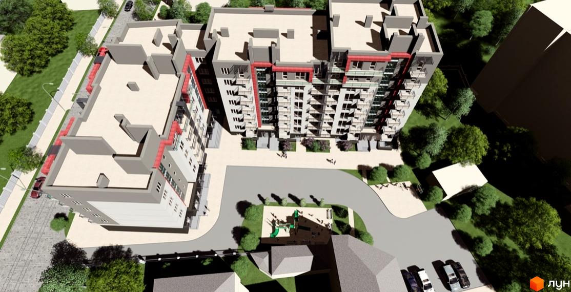 Житловий комплекс Краківський: вид зверху на багатоквартирні будинки з балконами та дитячим майданчиком. Територія комплексу озеленена деревами та має автомобільні парковки.