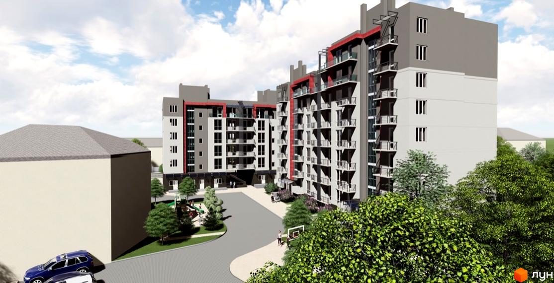 Житловий комплекс Краківський - це сучасна новобудова з сірими фасадами та червоними акцентами. На прибудинковій території розташовані дитячий майданчик та баскетбольне поле.