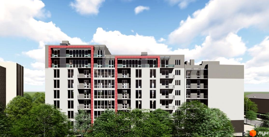 Зовнішній вигляд новобудови ЖК Краківський з червоними елементами на фасаді. Навколо будинку зелені насадження та дерева.