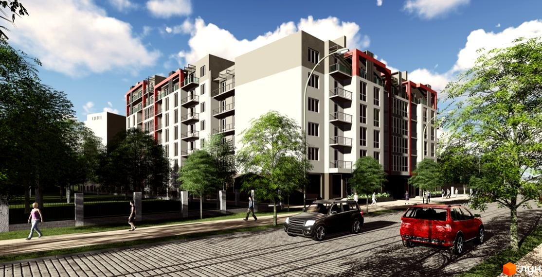 Житловий комплекс Краківський: фасади будівель з червоними елементами, балконами та вікнами. Прибудинкова територія з деревами, дорогою та пішохідною зоною.