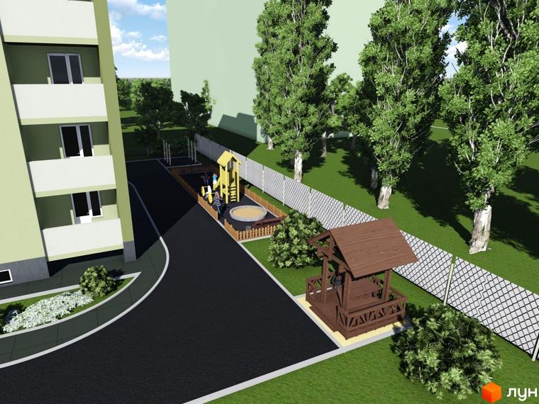 Будинок на Стрілецькій: світло-зелена багатоповерхівка з балконами та вікнами. Поруч дитячий майданчик з пісочницею та дерев'яна альтанка.