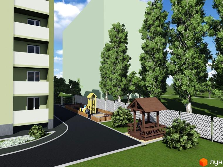 Новобудова ЖК Будинок на Стрілецькій з балконами та вікнами. Прибудинкова територія з дитячим майданчиком, альтанкою та деревами.