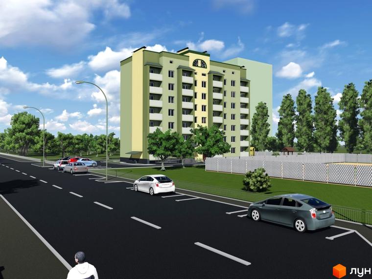 Зовнішній вигляд ЖК Будинок на Стрілецькій: світло-зелена багатоповерхівка з білими балконами, прибудинкова територія з дорогою, парковкою та деревами.