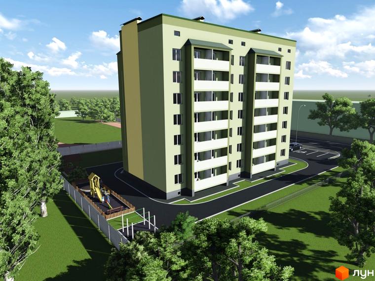 Будинок на Стрілецькій – це багатоповерховий житловий комплекс з фасадом світло-зеленого кольору. Територія навколо будинку облаштована дитячим майданчиком та паркувальними місцями.