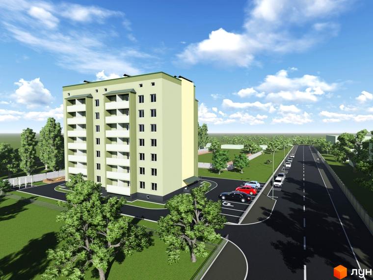 Житловий комплекс Будинок на Стрілецькій. Зовнішній вигляд світло-зеленої багатоповерхівки з балконами, парковка з автомобілями та дорога.