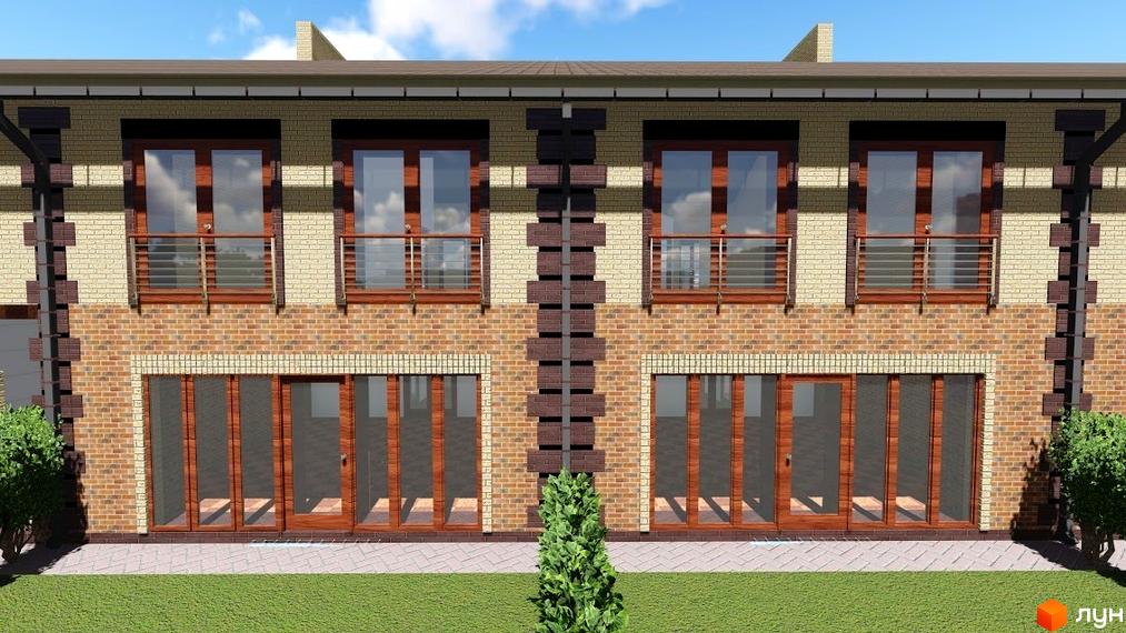 Фасад таунхаусів Green Villa з цегляним оздобленням та великими вікнами. Навколо будівель зелена галявина та дерева.