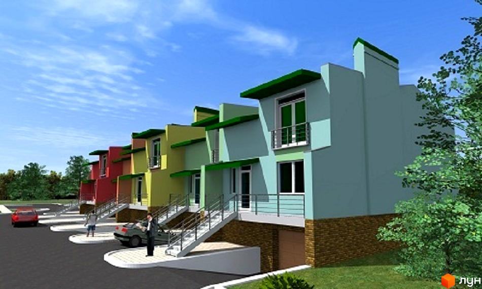 Зображення будинків на вулиці Бандери. Двоповерхові таунхауси з балконами, перед будинками припарковані автомобілі.