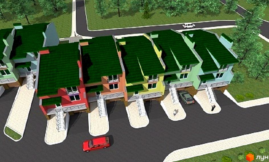 Зображення комплексу будинків на вулиці Бандери. Триповерхові будівлі з зеленими дахами та паркувальними місцями перед входом.