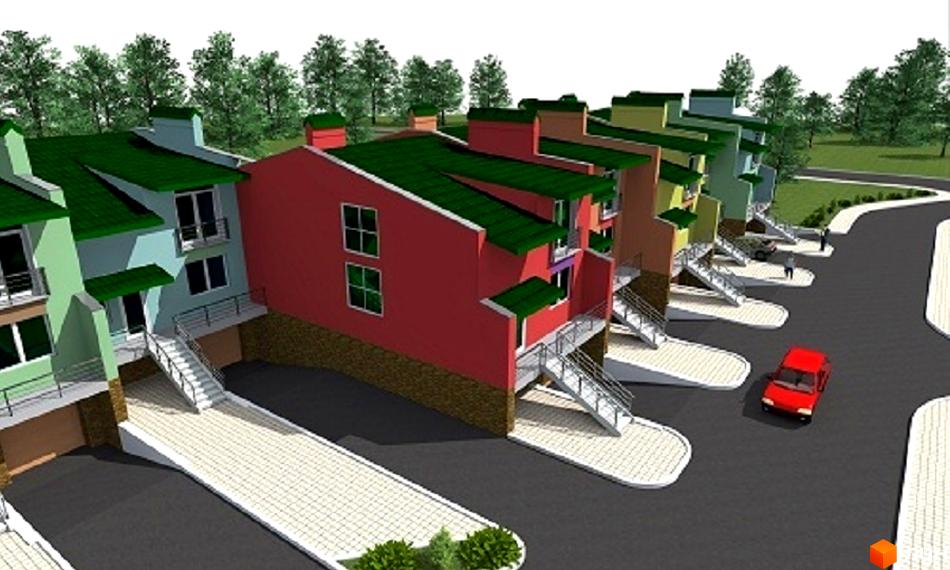 Зображення житлового комплексу на вулиці Бандери. Багатоповерхові будинки з зеленими дахами та прибудинковою територією.