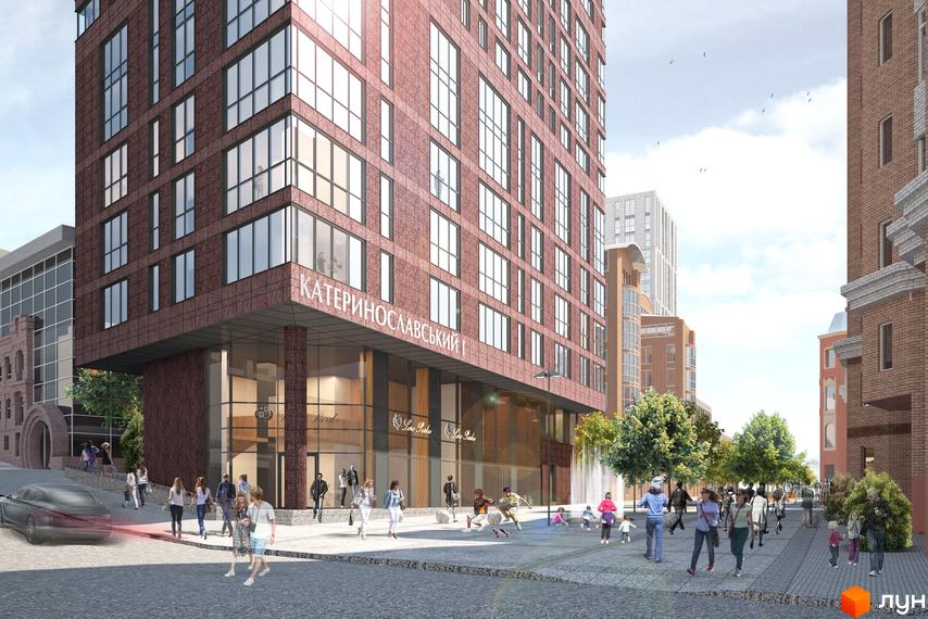 Житловий комплекс Катеринославський I. Висотна будівля з цегляним фасадом та панорамним склінням. На прибудинковій території тротуар, дерева та люди.