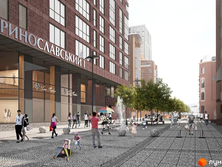 Зображення фасаду будинку ЖК Катеринославський I з червоної цегли. На передньому плані облаштована пішохідна зона з фонтаном та людьми.