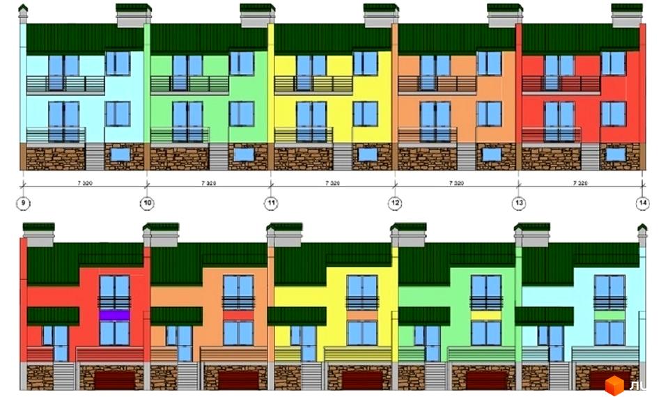 Вигляд новобудови: ряд різнокольорових таунхаусів з темно-зеленими дахами та кам'яним облицюванням. Кожен будинок має балкони та багато вікон.