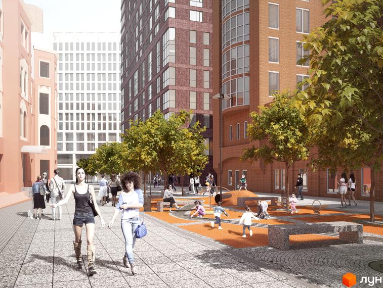 Житловий комплекс Катеринославський I. Архітектурний проєкт з цегляними будівлями та облаштованою прибудинковою територією з дитячим майданчиком, деревами та місцями для відпочинку.