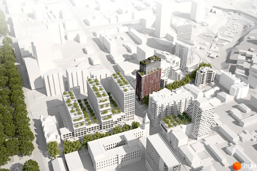 Житловий комплекс Катеринославський I. Архітектурна візуалізація багатоповерхових будинків з терасами та зеленими насадженнями на дахах. Навколо забудова та дерева.